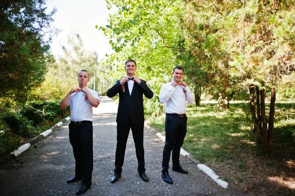Yakışıklı damat ile onun bestmen ya da groomsmen parkta yürüyüş