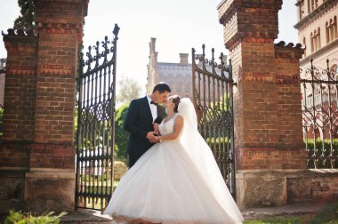 Yeni evli çift kapıları onların düğün d yanında poz