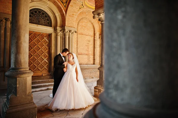 Prachtige bruidspaar genieten van elkaars gezelschap op een beaut — Stockfoto