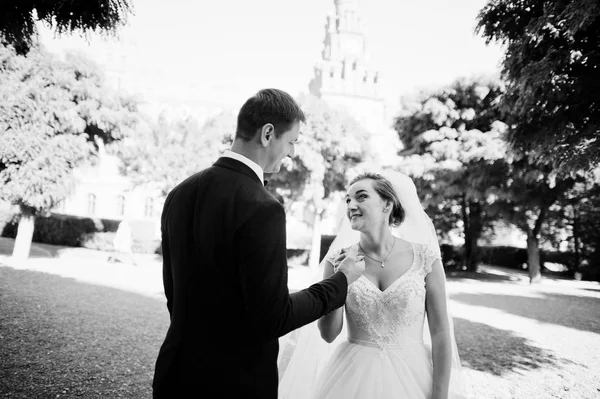 Fantástica pareja de boda caminando en el parque en su boda da — Foto de Stock