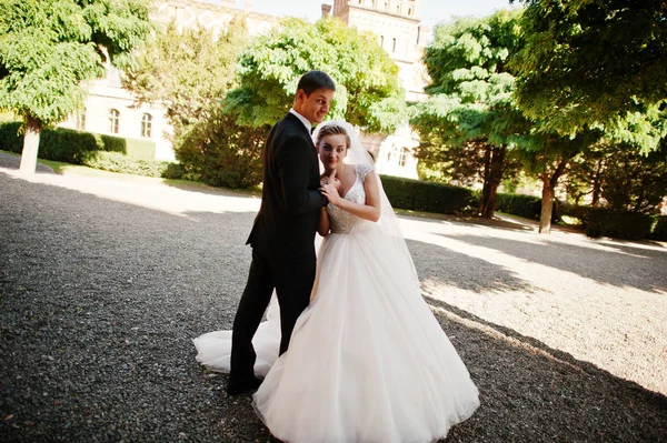 Casal de casamento fantástico andando no parque em seu casamento da — Fotografia de Stock