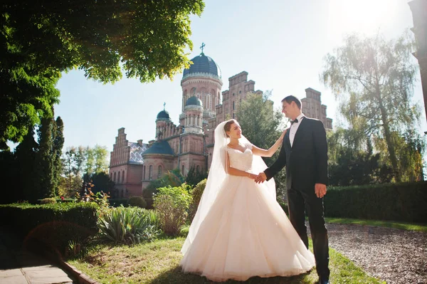 Casal de casamento fantástico andando no parque em seu casamento da — Fotografia de Stock