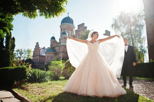 Casal de casamento fantástico andando no parque em seu casamento da — Fotografia de Stock