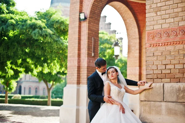 Atemberaubendes Hochzeitspaar genießt die Gesellschaft des jeweils anderen auf einem strammen — Stockfoto