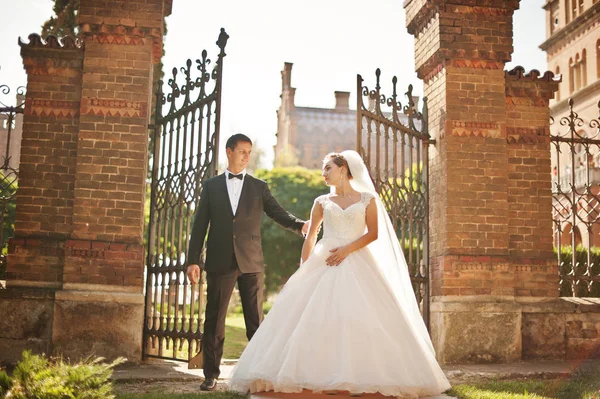 Casamento recém-casado posando ao lado dos portões em seu d casamento — Fotografia de Stock