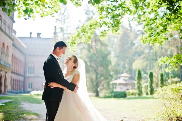 Fantastische bruidspaar wandelen in het park op hun bruiloft da — Stockfoto