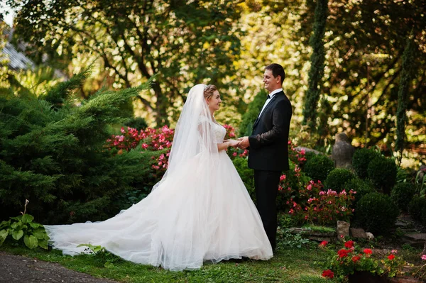 美丽的夫妇在充满明亮多彩 flo 公园散步 — 图库照片
