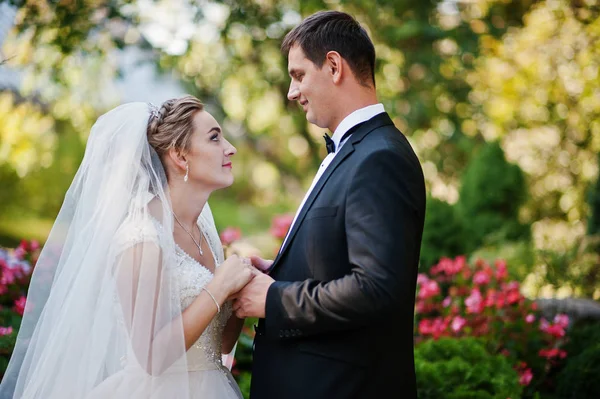 Belo casal andando no parque cheio de flo colorido brilhante — Fotografia de Stock