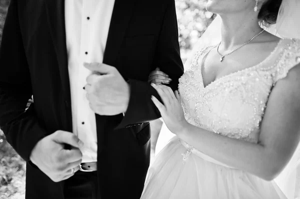 見事な歩く若い結婚式カップルと t でポーズ — ストック写真