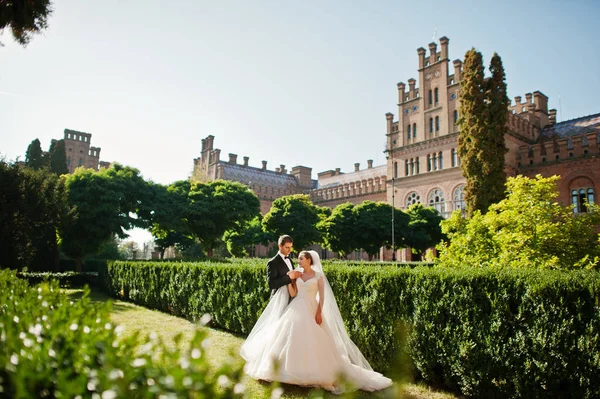 Couple de mariage attrayant posant dans le jardin d'un homme majestueux — Photo