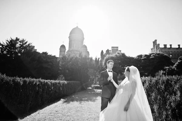 荘重な人の庭でポーズをとって魅力的な結婚式のカップル — ストック写真