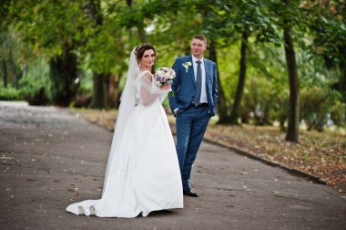 Güneşli da parkta poz muhteşem genç Düğün çifti