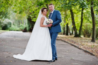 Güneşli da parkta poz muhteşem genç Düğün çifti