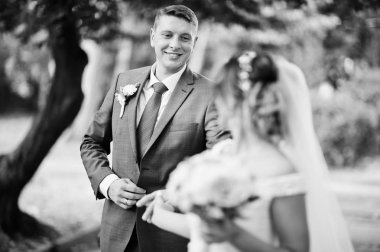 Güneşli da parkta poz muhteşem genç Düğün çifti