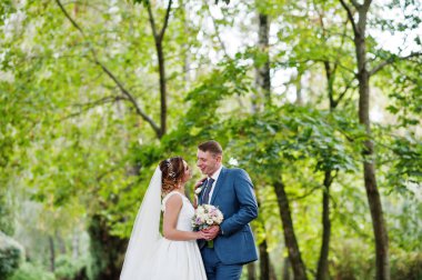 Güneşli da parkta poz muhteşem genç Düğün çifti