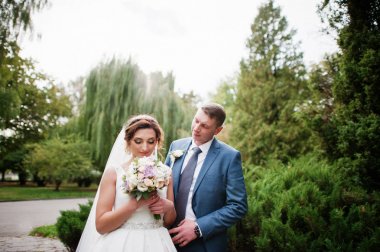 Güneşli da parkta poz muhteşem genç Düğün çifti