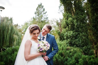 Güneşli da parkta poz muhteşem genç Düğün çifti