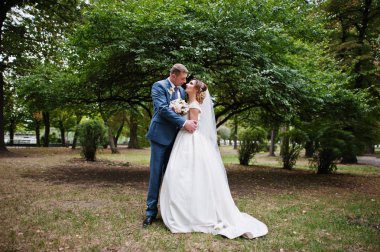 Güneşli da parkta poz muhteşem genç Düğün çifti