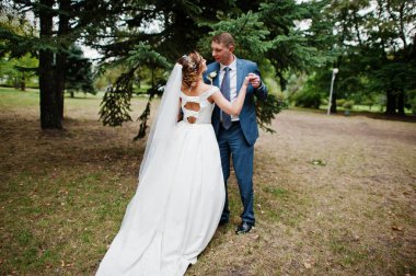 Güneşli da parkta poz muhteşem genç Düğün çifti