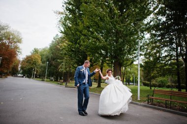 Güneşli da parkta poz muhteşem genç Düğün çifti