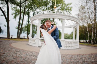 Güneşli da parkta poz muhteşem genç Düğün çifti