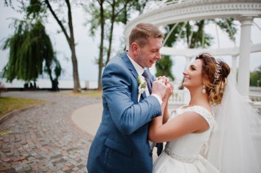 Güneşli da parkta poz muhteşem genç Düğün çifti