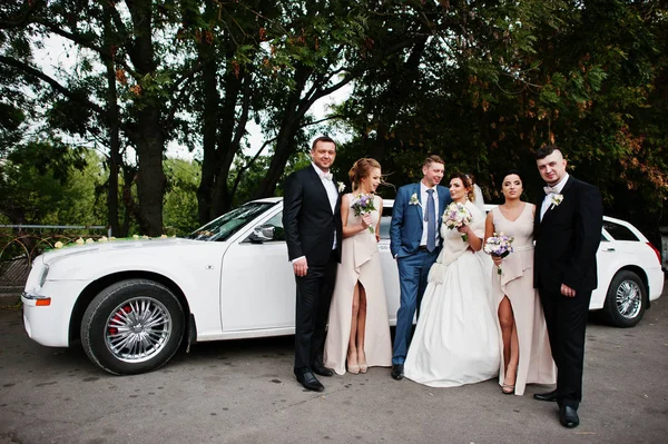 Para ślub i drużbowie z bridesmaids pozowanie obok — Zdjęcie stockowe