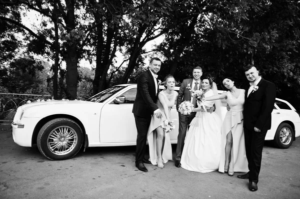 Casamento casal e padrinhos com damas de honra posando ao lado do — Fotografia de Stock