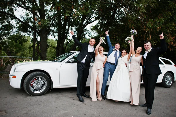 Wedding couple and groomsmen with bridesmaids posing next to the — Stock Photo, Image