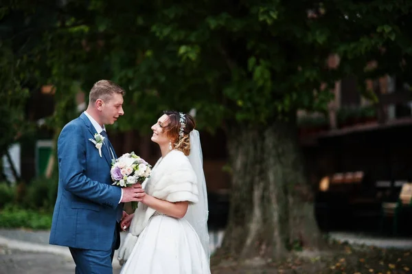 日当たりの良い da 上の公園でポーズをとるすばらしい若い結婚式のカップル — ストック写真