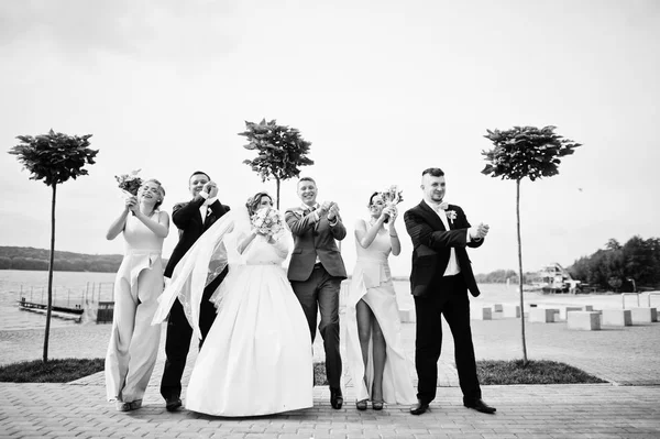 Increíble pareja de boda y novios locos con damas de honor havi — Foto de Stock