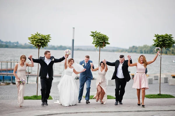 Удивительная супружеская пара и сумасшедшие шаферы с подружками невесты havi — стоковое фото