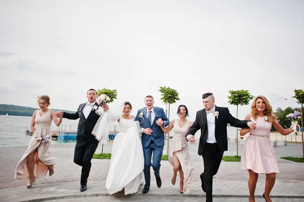 Increíble pareja de boda y novios locos con damas de honor havi — Foto de Stock