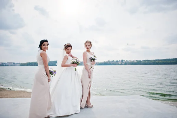 Atemberaubende Braut mit hübschen Brautjungfern posiert mit Sträußen auf T — Stockfoto