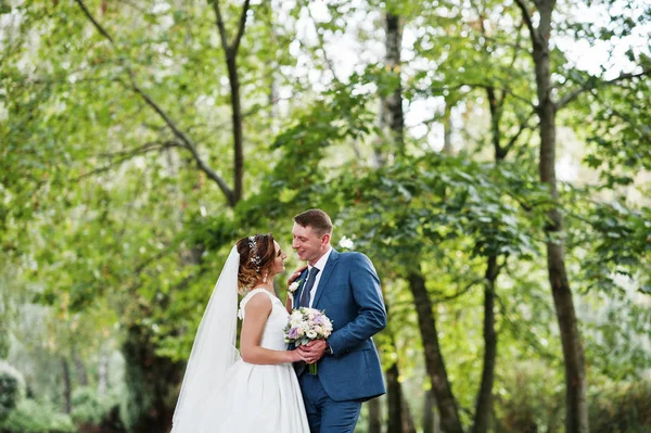 Fabulosa joven pareja de boda posando en el parque en el soleado da — Foto de Stock