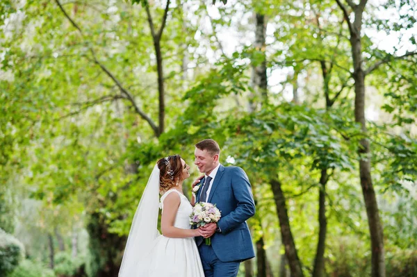 Güneşli da parkta poz muhteşem genç Düğün çifti