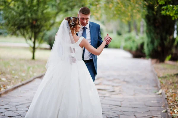 Güneşli da parkta poz muhteşem genç Düğün çifti