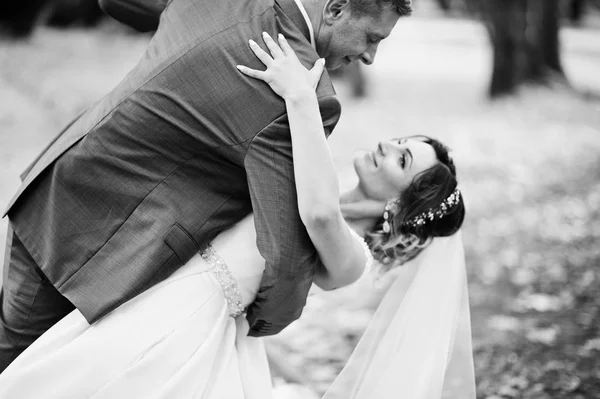 Fabulosa joven pareja de boda posando en el parque en el soleado da — Foto de Stock