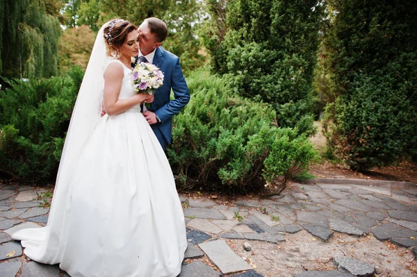 Fabelhafte junge Hochzeitspaar posiert im Park auf der sonnigen da — Stockfoto