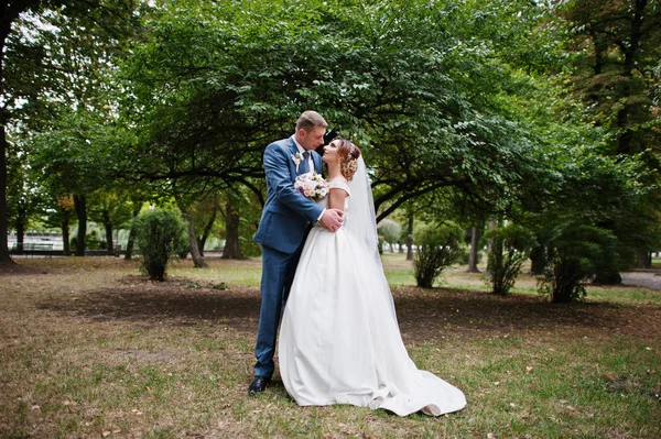 Güneşli da parkta poz muhteşem genç Düğün çifti