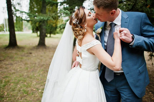 Close-up foto de um casal de casamento se beijando no parque . — Fotografia de Stock