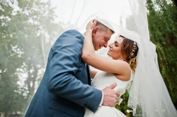 Wedding couple posing under bridal veil outdoor. — Stock Photo, Image