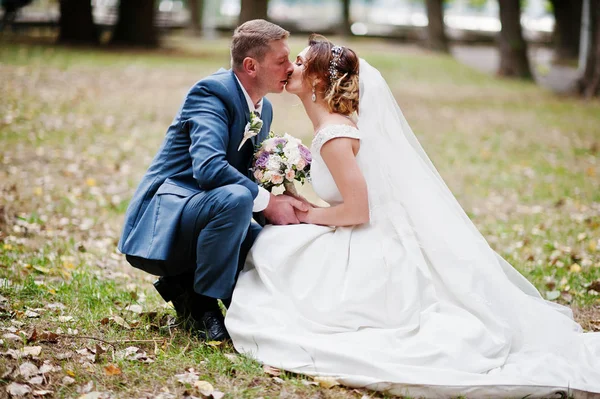 Fabuloso casal jovem casamento sentado na grama no parque o — Fotografia de Stock