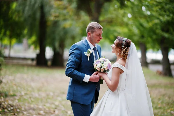 Güneşli da parkta poz muhteşem genç Düğün çifti