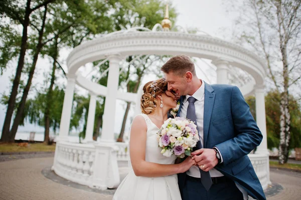 Fabelhafte junge Hochzeitspaar posiert im Park auf der sonnigen da — Stockfoto