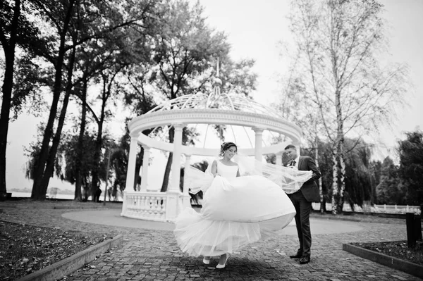 Mesés fiatal esküvői pár a parkban a napsütéses da pózol — Stock Fotó