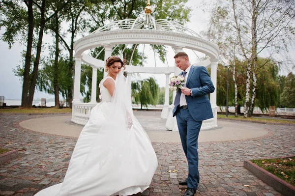 Fabulous young wedding couple posing in the park on the sunny da — Stock Photo, Image