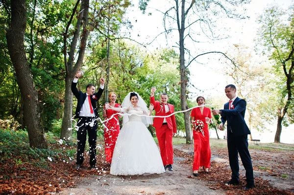 Bruidspaar en groomsmen met bruidsmeisjes drinken champagne — Stockfoto