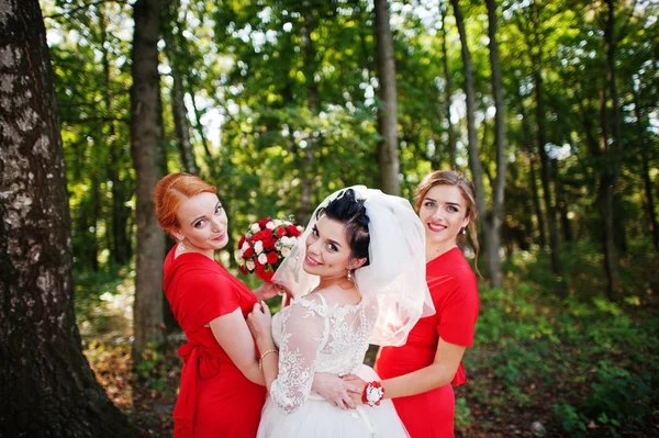 Gentle bride and beautiful bridesmaids are having great fun in t — Stock Photo, Image