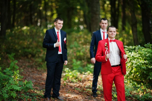 Όμορφος γαμπρός και groomsmen του ποζάρουν στο δάσος επάνω σε παντρεύω — Φωτογραφία Αρχείου